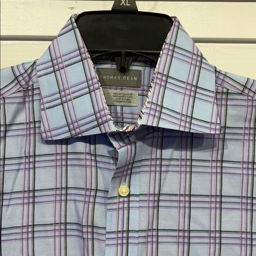Thomas Dean Long Sleeve Dress Shirt Flip Sleeve Mens Medium Blue 100% Cotton - Picture 3 of 10